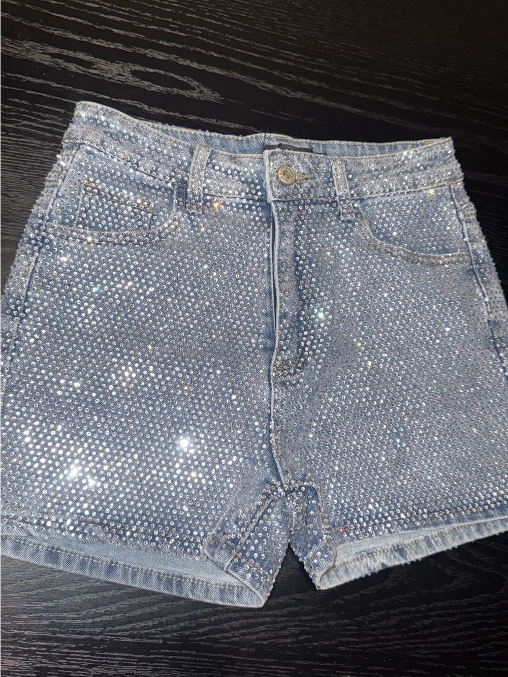 Embellished Light Blue Denim Jean Shorts with Rhinestones
